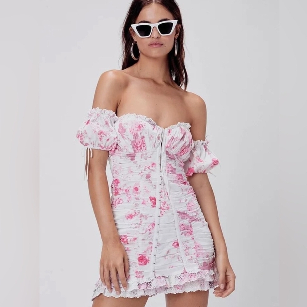 For Love And Lemons White and Pink Ruched Bustier Mini Dress
